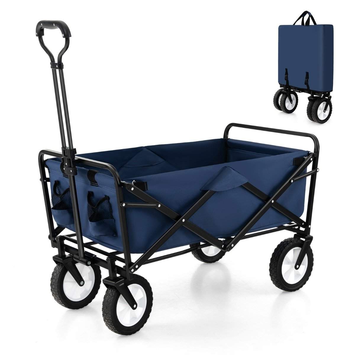 Sammenfoldelig håndvogn med justerbart håndtag og kopholdere kan holde op til 68 kg til shopping, camping, marineblå