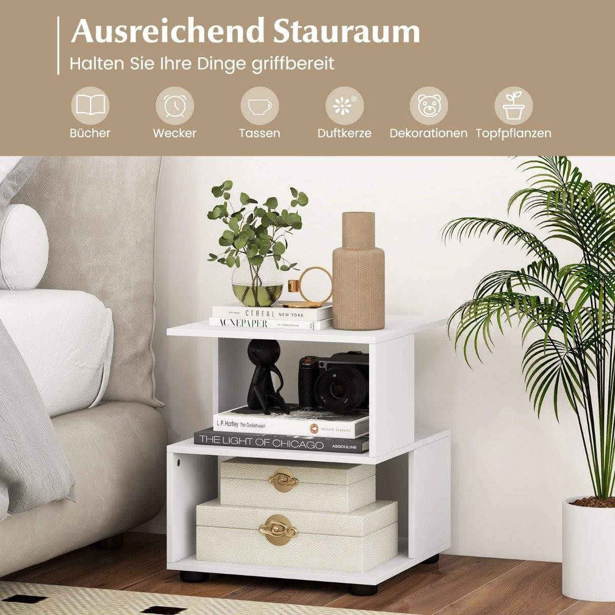 3 etagers sidebord moderne sengebord sofabord med hylder 39,5 x 39,5 x 45 cm hvid