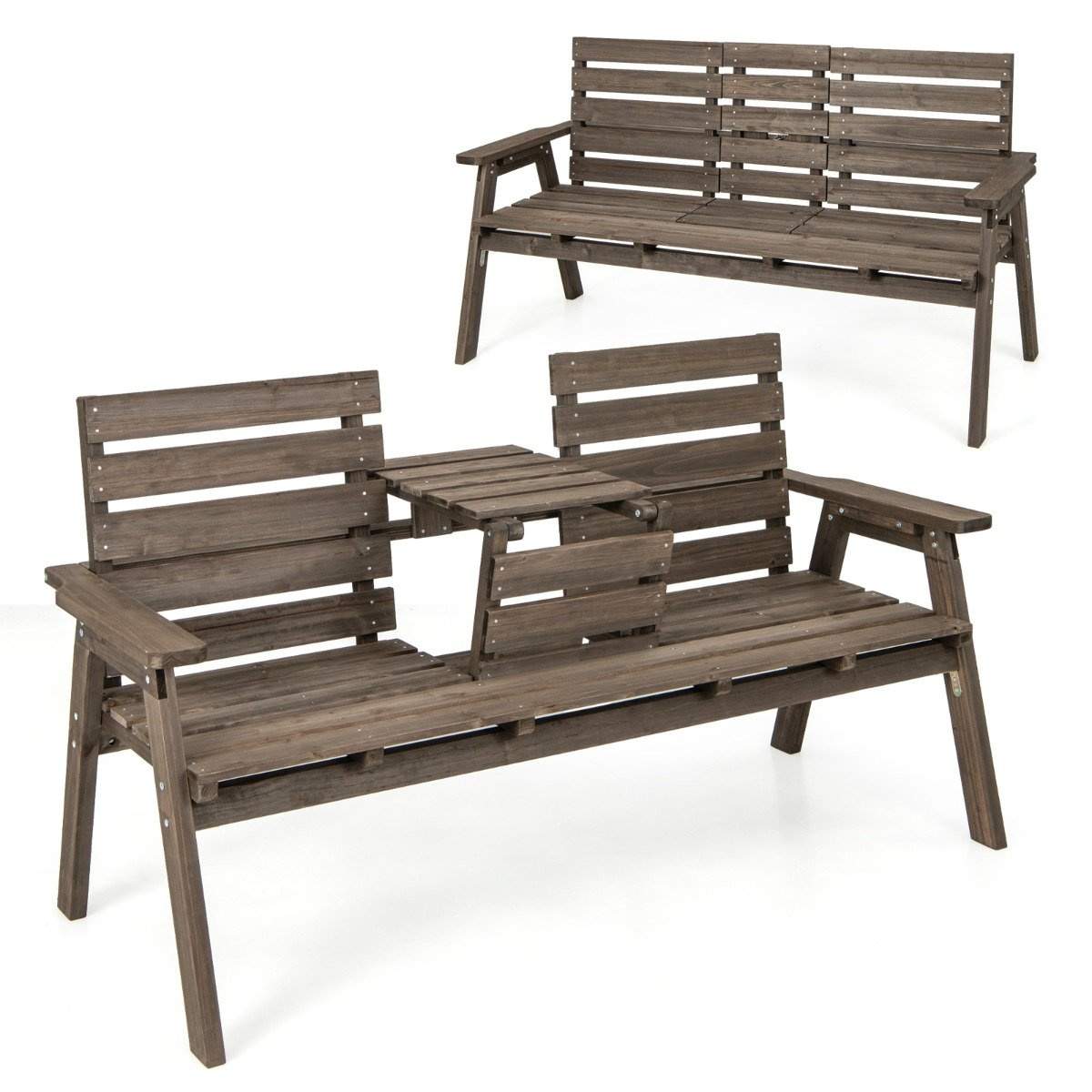 Trädgårdsbänk med fällbart mittbord & ryggstöd träbänk lastkapacitet 320 kg brun | Hem & Hobby - Hem & Hushåll - Kök - Servering | Pryloteket