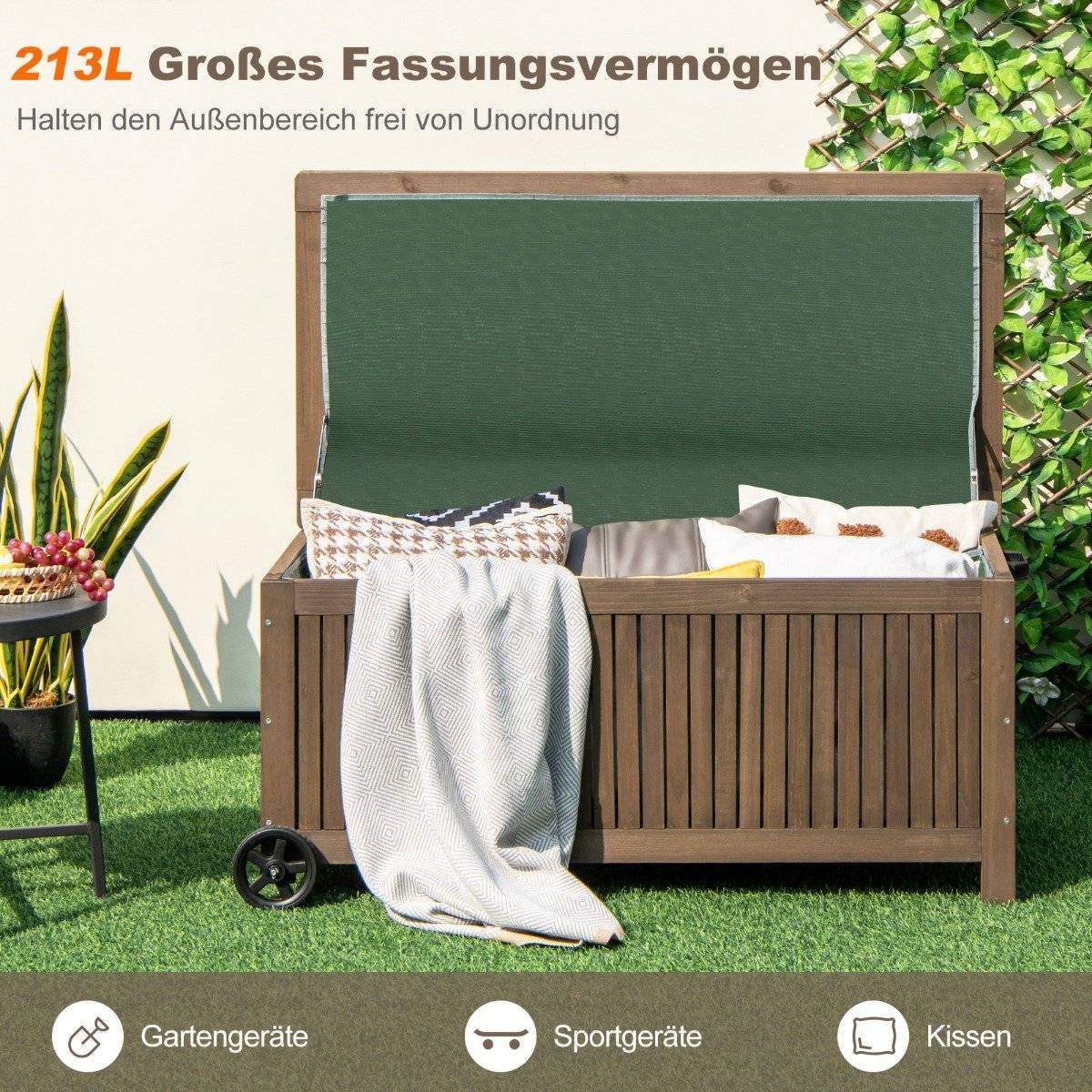 Haveboks i træ 213 L Opbevaringsboks med hjul Pudeboks med vandtæt PE-for 114 x 58,5 x 51 cm Brun