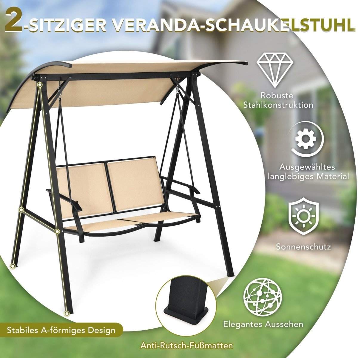 Hollywood gynge med justerbart tag 2-personers havegynge 152 x 112 x 165 cm beige