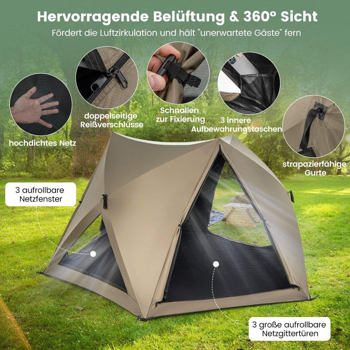 Pop up telt til 4-6 personer campingtelt med baldakin vandtæt familietelt 285 x 250 x 147 cm olivengrøn