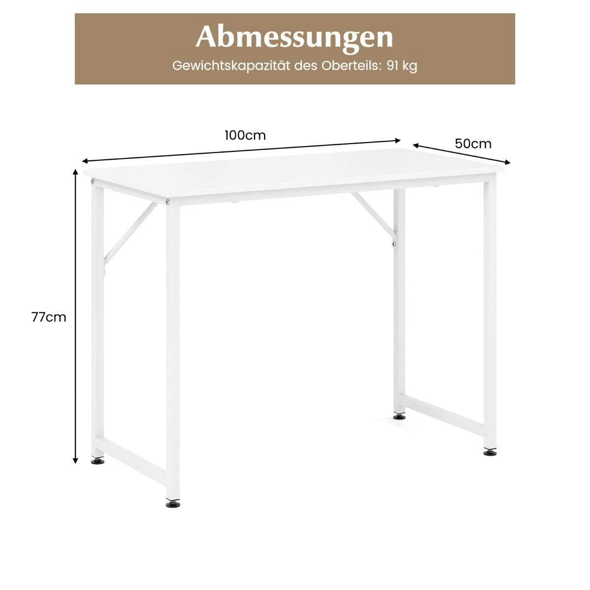 PC bord med justerbare trædepuder, kompakt computerbord, 100 x 50 x 77 cm, hvid