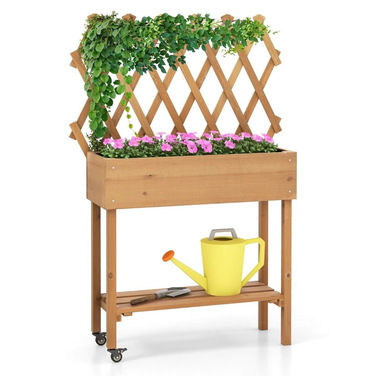 Højbed på hjul med hylde & espalier & stofforing blomsterbed 90 x 29 x 129 cm