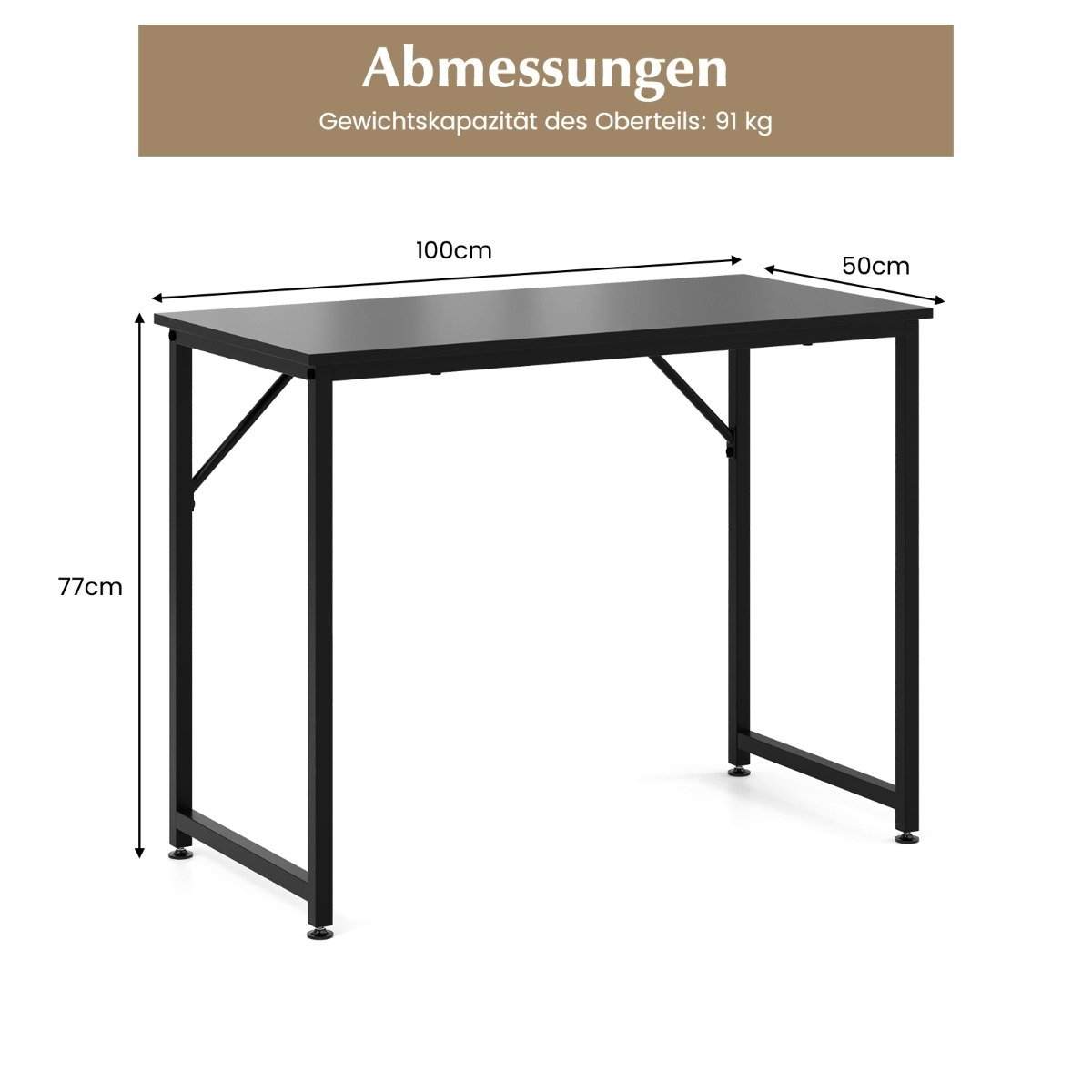 PC bord med justerbare trædepuder, kompakt computerbord, 100 x 50 x 77 cm, sort