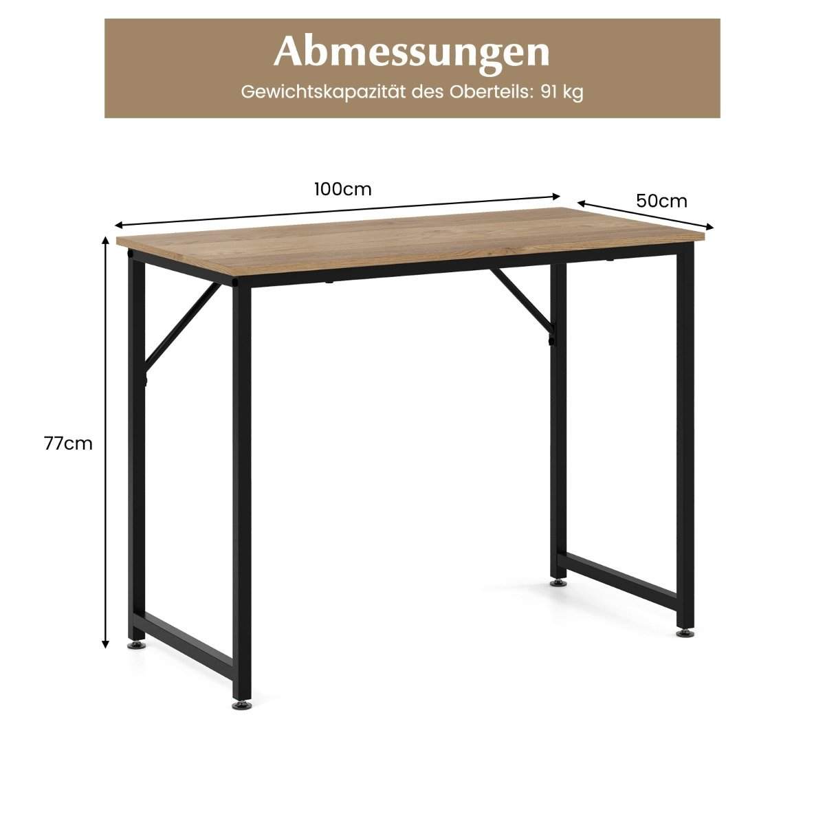 PC bord med justerbare trædepuder, kompakt computerbord, 100 x 50 x 77 cm, natur