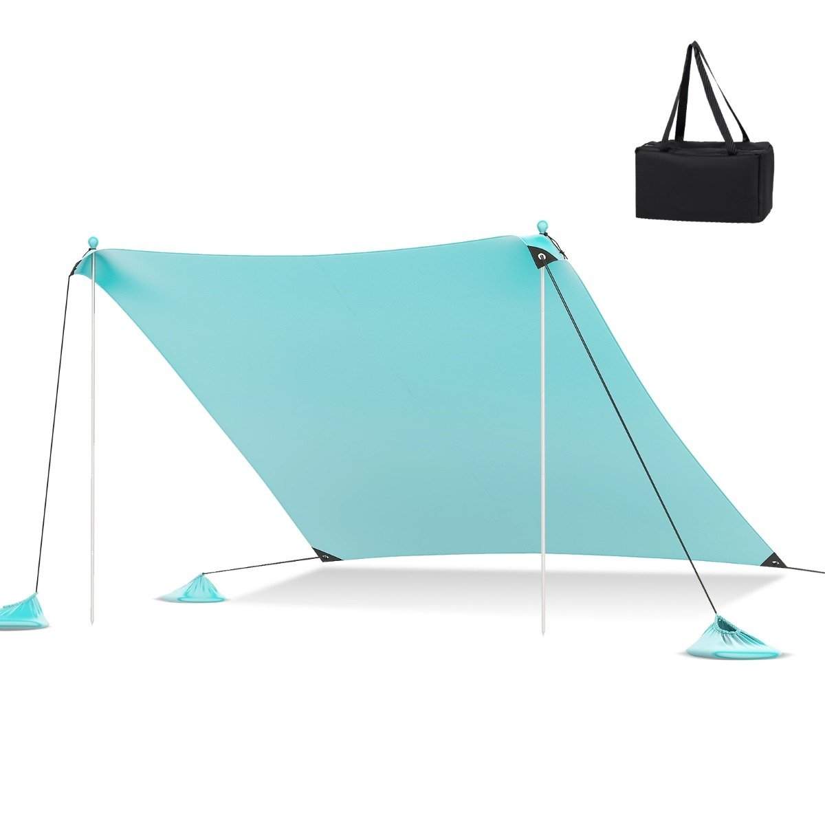 Strandtelt 300 x 300 cm UPF 50+ soltelt med sandankre, sandsække og 2 støttestænger, turkis