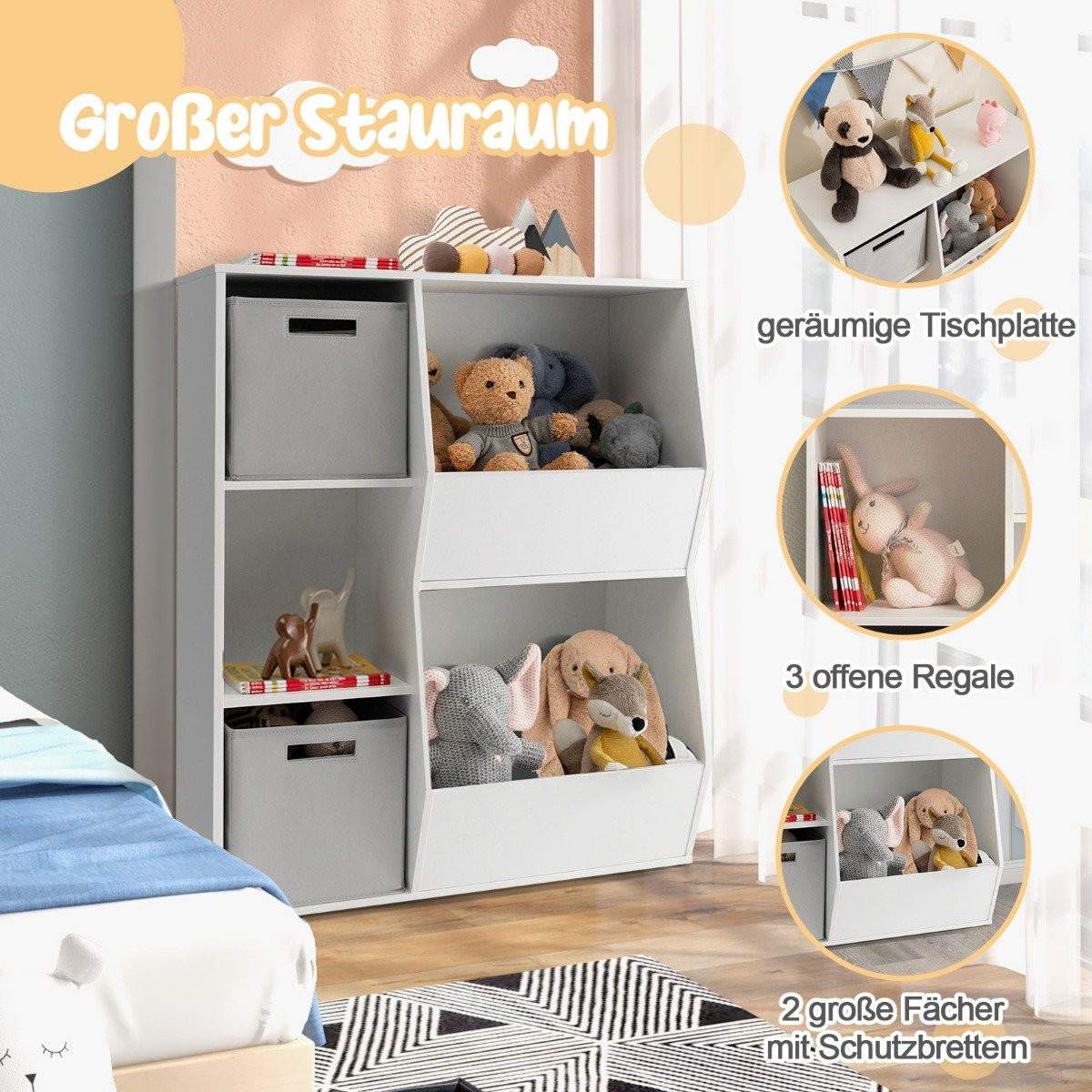 Børne reol 3 etagers børnehylde med 2 kasser og 5 rum 77 x 29 x 94 cm hvid + grå
