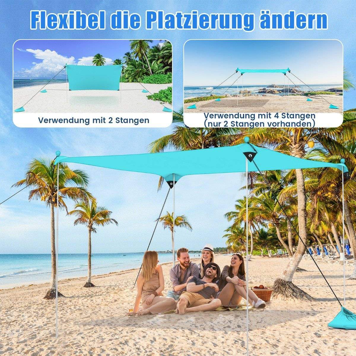 Strandtelt 230 x 200 cm UPF 50+ soltelt med sandankre, sandsække og 2 støttestænger, turkis