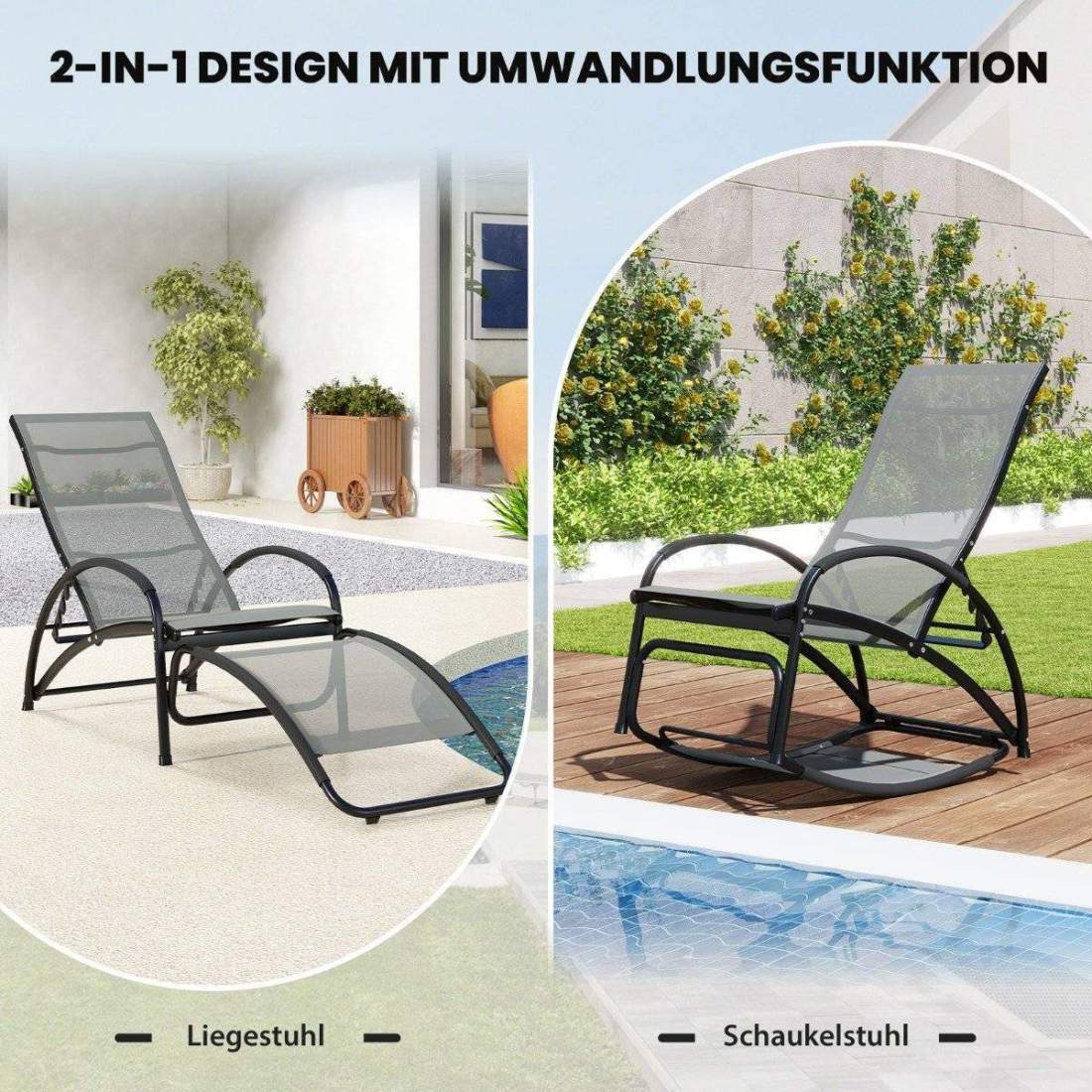 2 i 1 solstol konvertibel gungstol med justerbart ryggstöd och svängda armstöd grå | Hem & Hobby - Hem & Hushåll - Balkong | Pryloteket