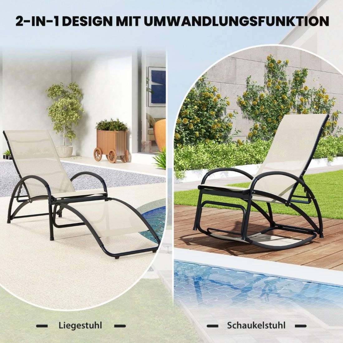 2 i 1 solstol konvertibel gungstol med justerbart ryggstöd och böjda armstöd beige | Hem & Hobby - Hem & Hushåll - Balkong | Pryloteket