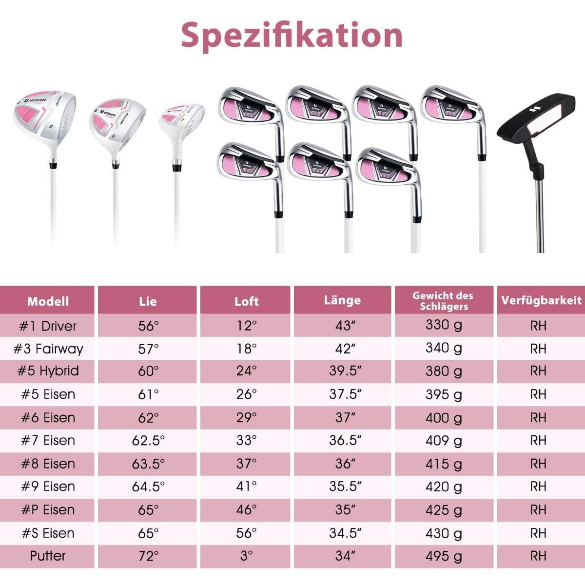 Kvinders golfkøllesæt 11-delt golfkøllesæt højrehåndet med regnslag pink