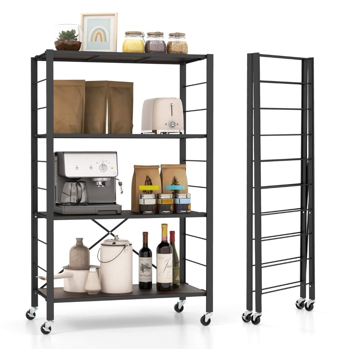 Serveringsvogn foldbar 4 niveauer køkkenvogn med aftagelige hjul 76 x 36 x 122 cm sort + rustik brun