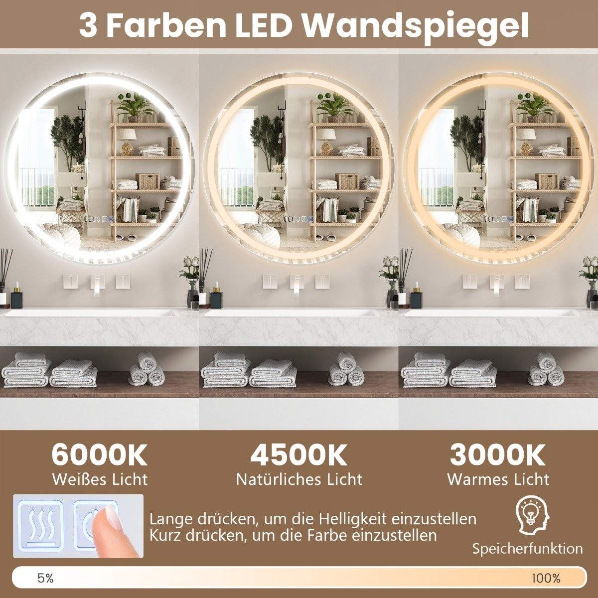 Badrumsspegel med anti-dimklocka touch-omkopplare & minnesfunktion spegelvärme LED-spegel dimbar 3000K-6000K 60 x 60 cm | Sport & Fritid - Friluftsliv & Camping - Belysning | Pryloteket