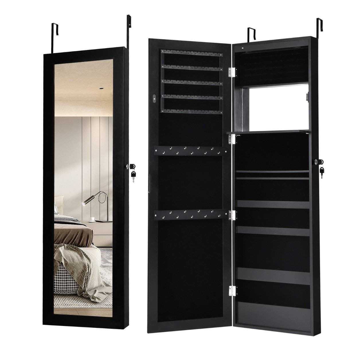 Smykkeskab med spejl og forede hylder, kroge og rum, kosmetikskab, sort