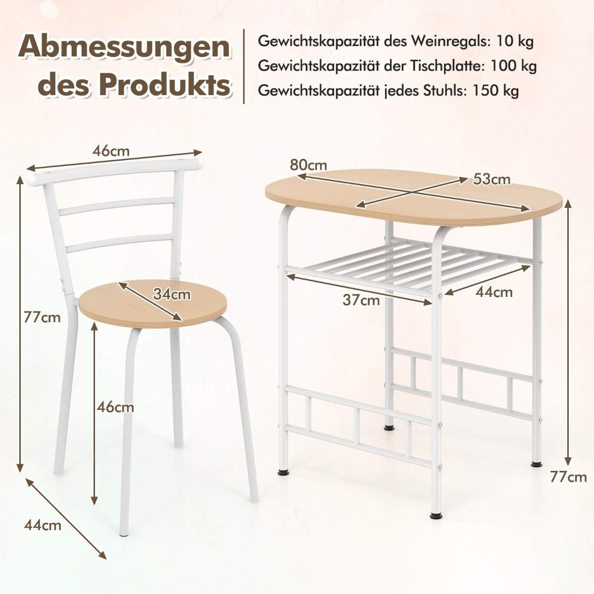 3 stk Spisegruppe køkkenbord & Stole med vinreol, pladsbesparende siddegruppe, spisestuegruppe, hvid