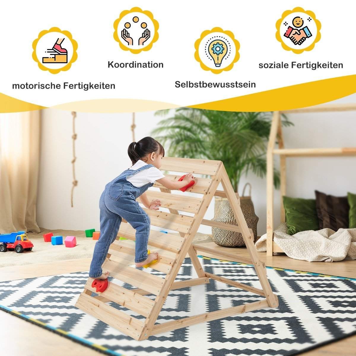 Dubbelsidig klättertriangel klätterleksak i trä med klätterstenar och klätterstegar 112 x 70 x 96 cm natur | Elektronik - Kablar & Adaptrar - Adaptrar & Signalomvandlare - USB | Pryloteket