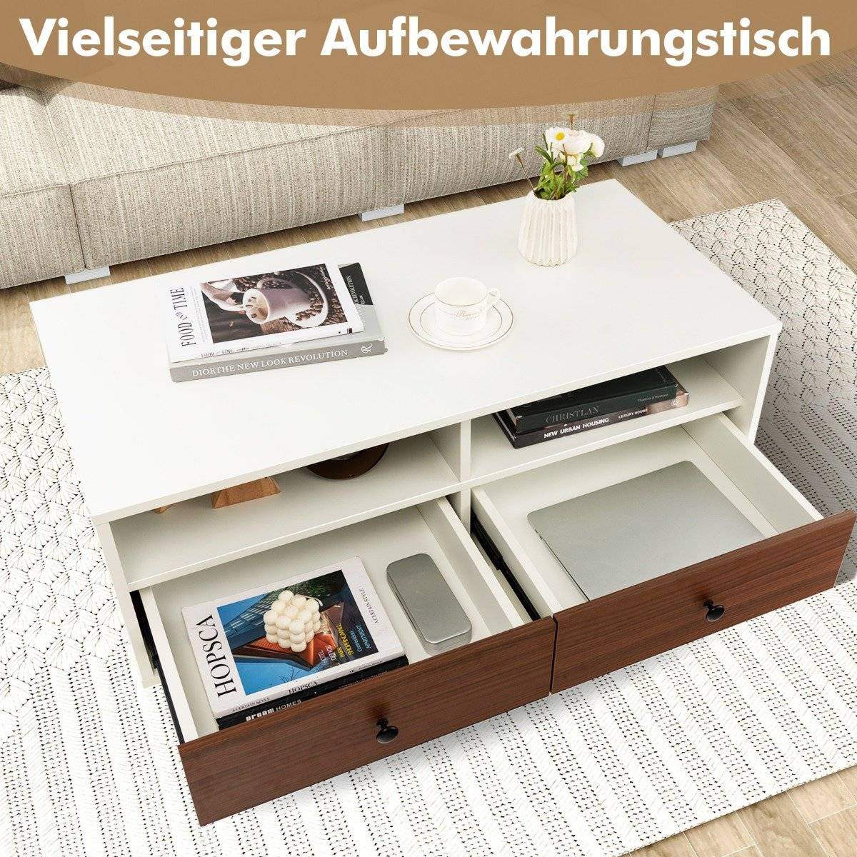 Sofabord med 2 skuffer og 2 hylder Rektangulært stuebord med opbevaringsplads 95 x 48 x 45 cm