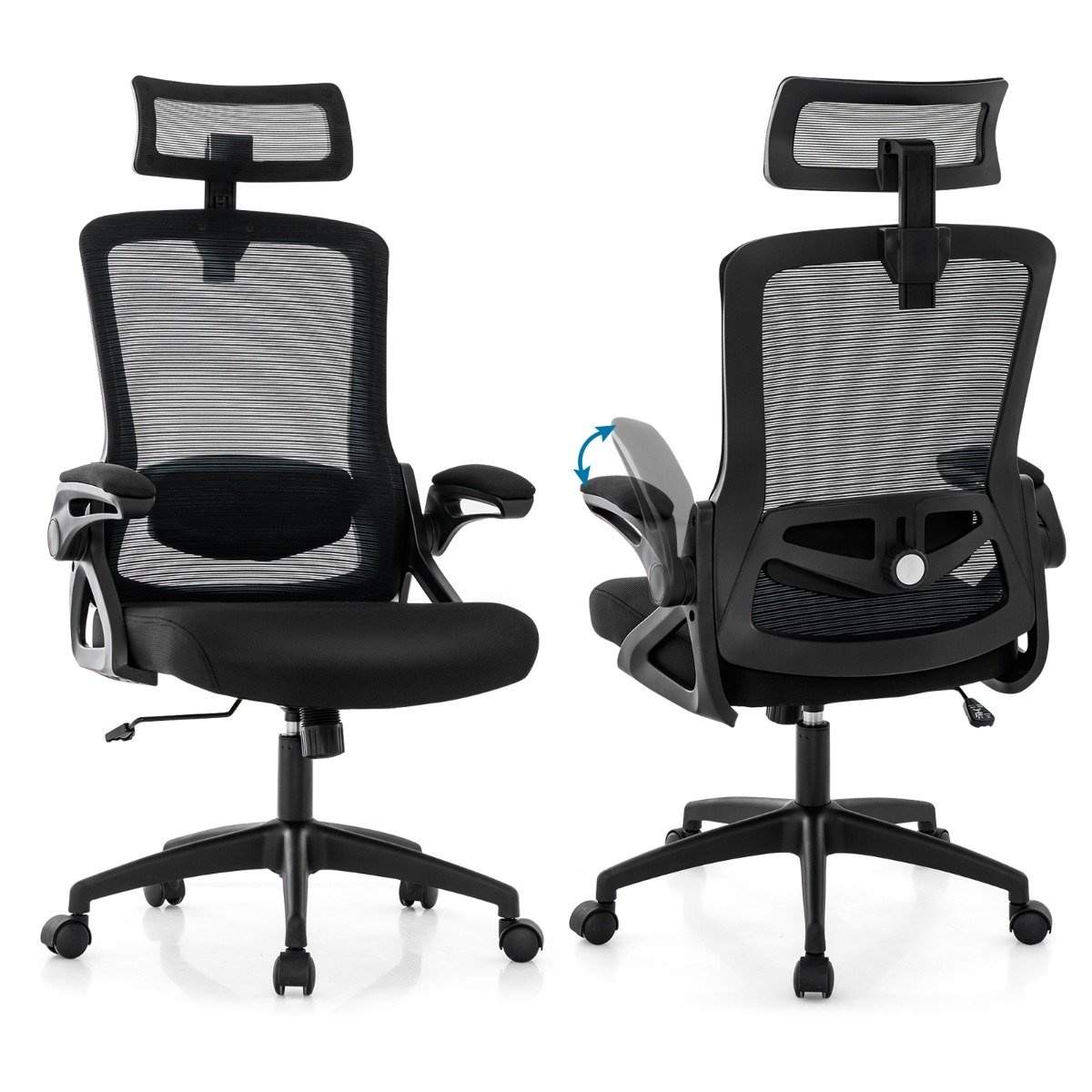 Ergonomisk kontorstol med justerbar lændestøtte & Nakkestøtte computerstol sort