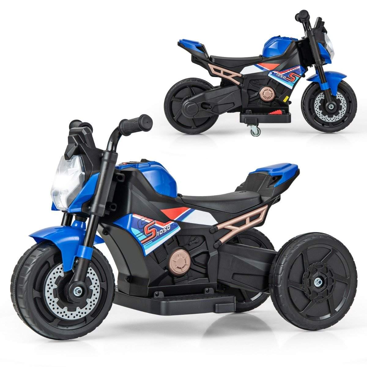 2-i-1 børnemotorcykel med aftagelige træningshjul & Forlygter & Musik & Hornblå 74 x 38 x 48 cm
