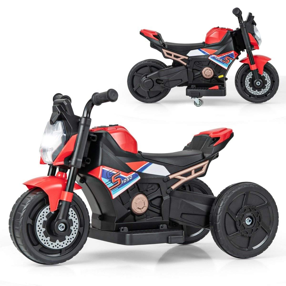 2-i-1 børnemotorcykel med aftagelige træningshjul & Forlygter & Musik & Hornrød 74 x 38 x 48 cm
