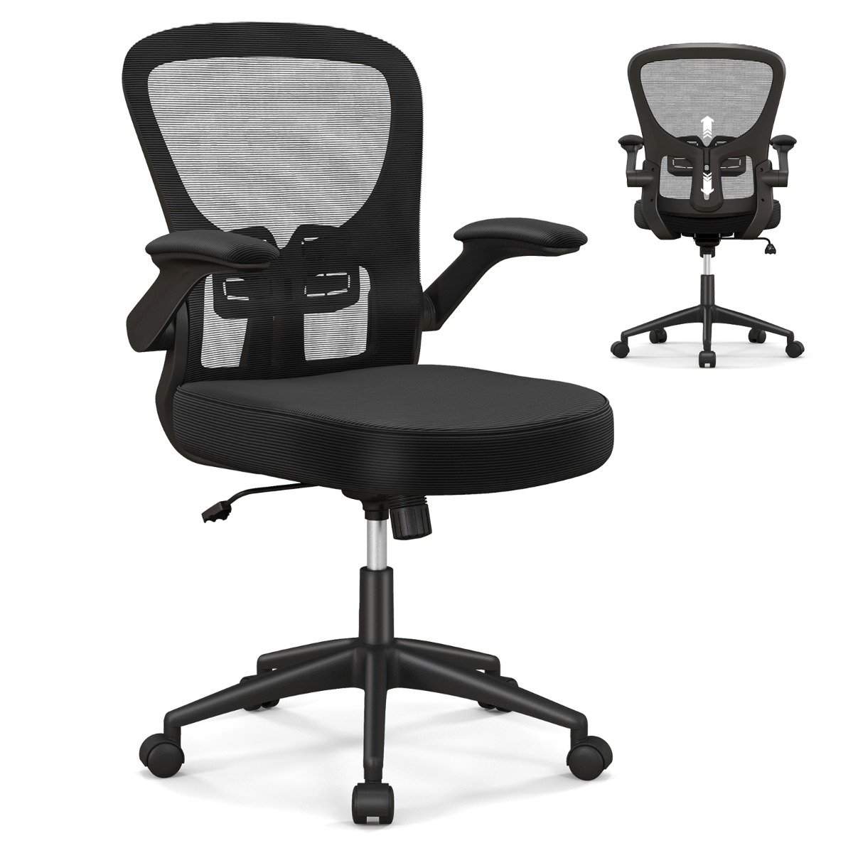 Ergonomisk kontorstol med opklappelige armlæn & justerbar lændestøtte & vippefunktion