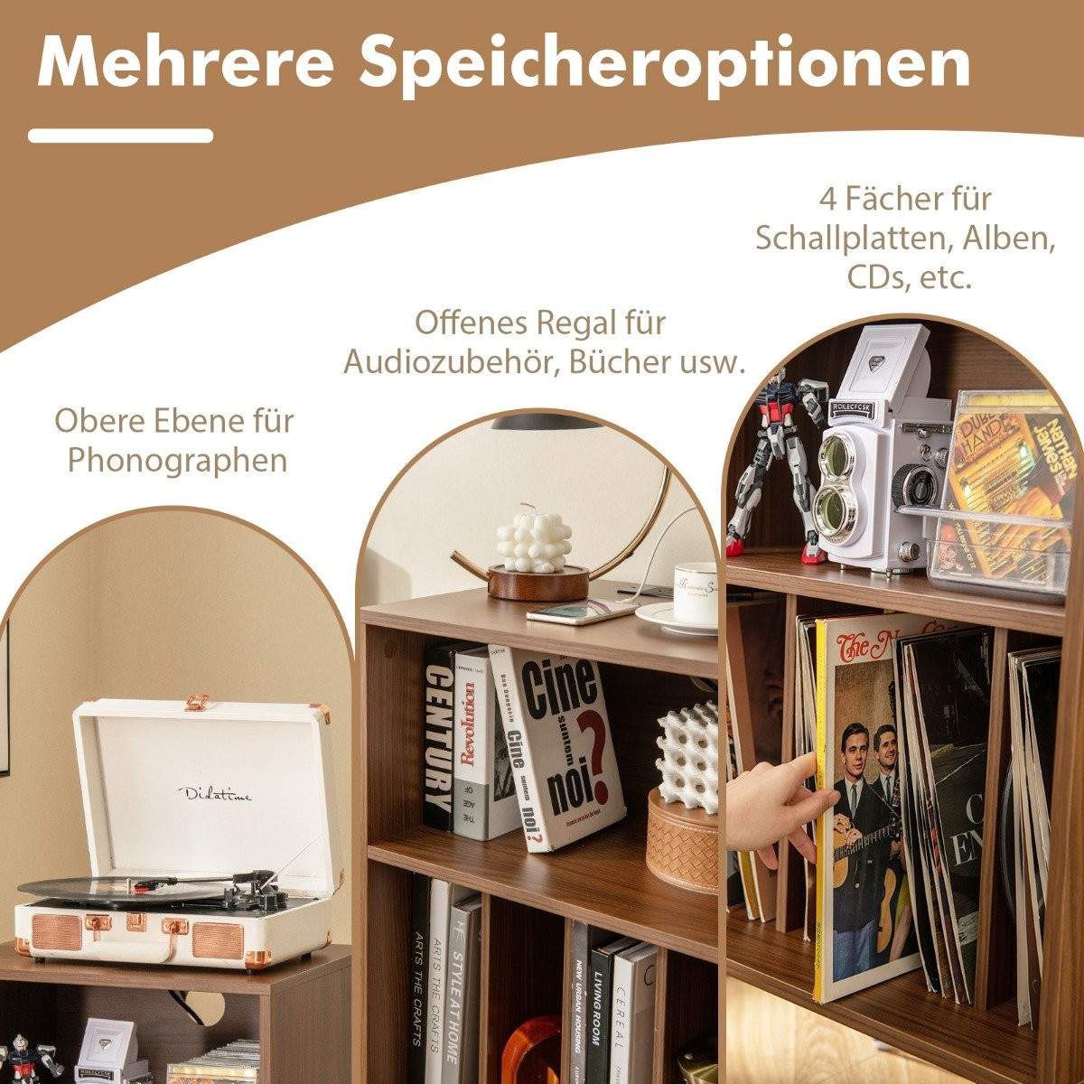 Pladespillerstativ med ladestation 3-lags pladestativ 48 x 40 x 88 cm valnød