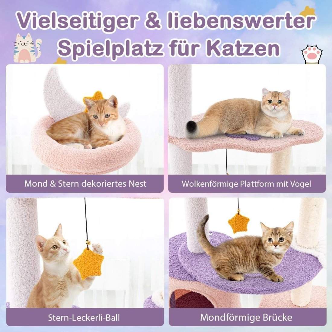 Skrapstolpe kattträd med kattgrotta & hängmatta & leksak lila + rosa 59 x 49 x 140 cm | Hem & Hobby - Husdjur - Katt - Katträd | Pryloteket