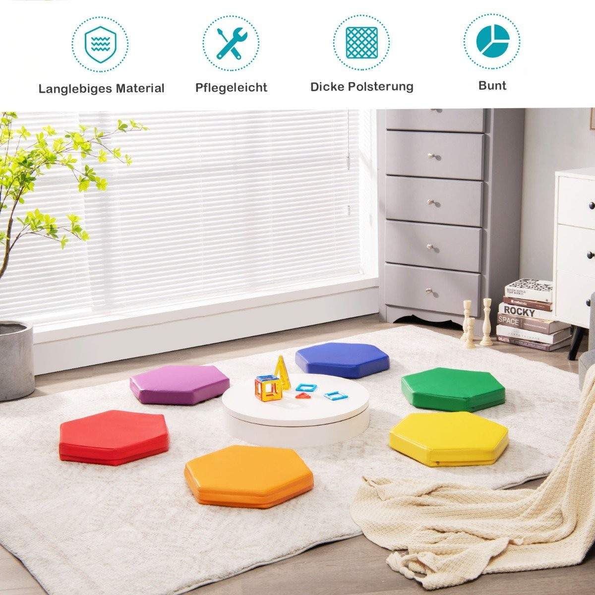 Set med 6 barnstolsdynor med handtag och dragkedja, sittdyna, bältesstol, huvudkudde, färgglad | Hem & Hobby | Pryloteket