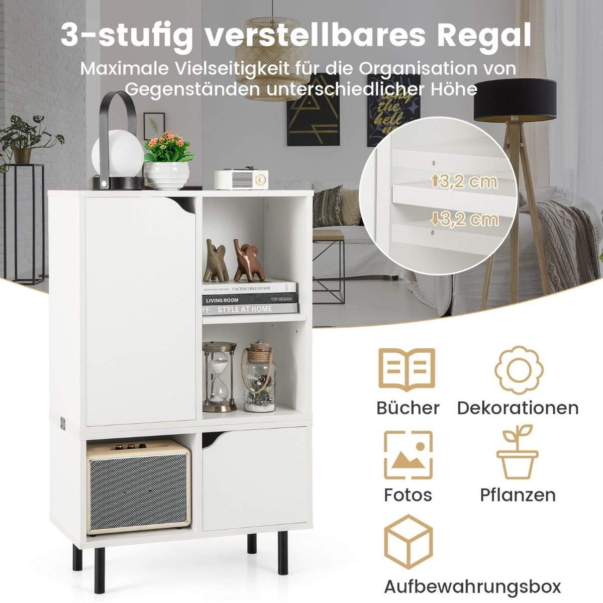 Reol stabelbar reol med 2 låger & 5 rum adskillelig med justerbar hylde 60 x 30 x 96,5 cm hvid
