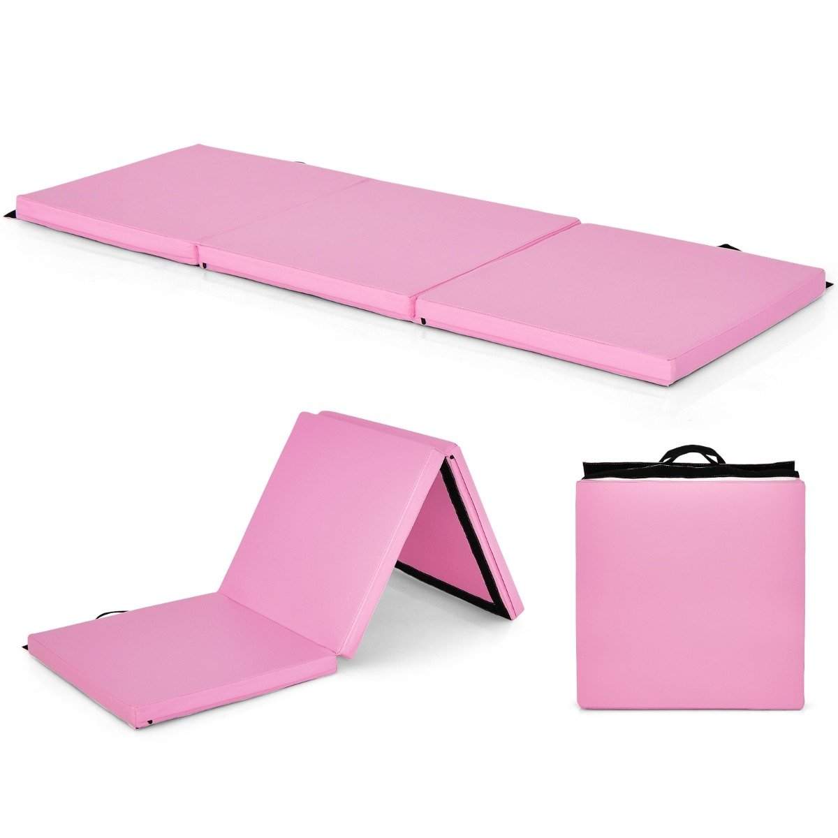 Sammenfoldelig blød gulvmåtte med 2 håndtag skridsikker gymnastikmåtte 180 x 60 x 5 cm pink