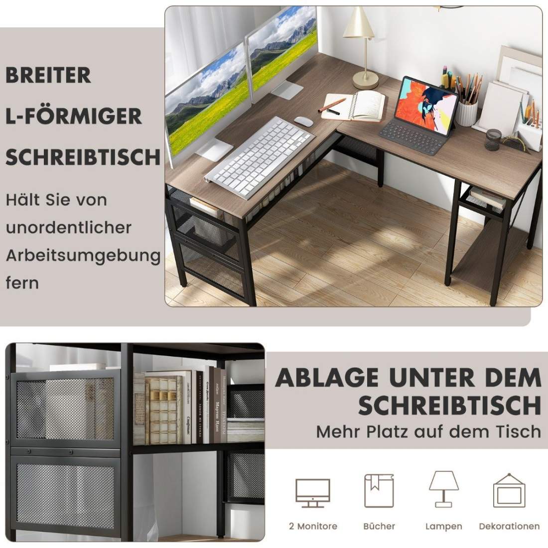 L-format skrivbord med laddstation vändbart hörnskrivbord med näthyllor och CPU-stativ | Elektronik - Tillbehör Mobil & Surfplatta - Surfplatta Tillbehör - Stativ | Pryloteket