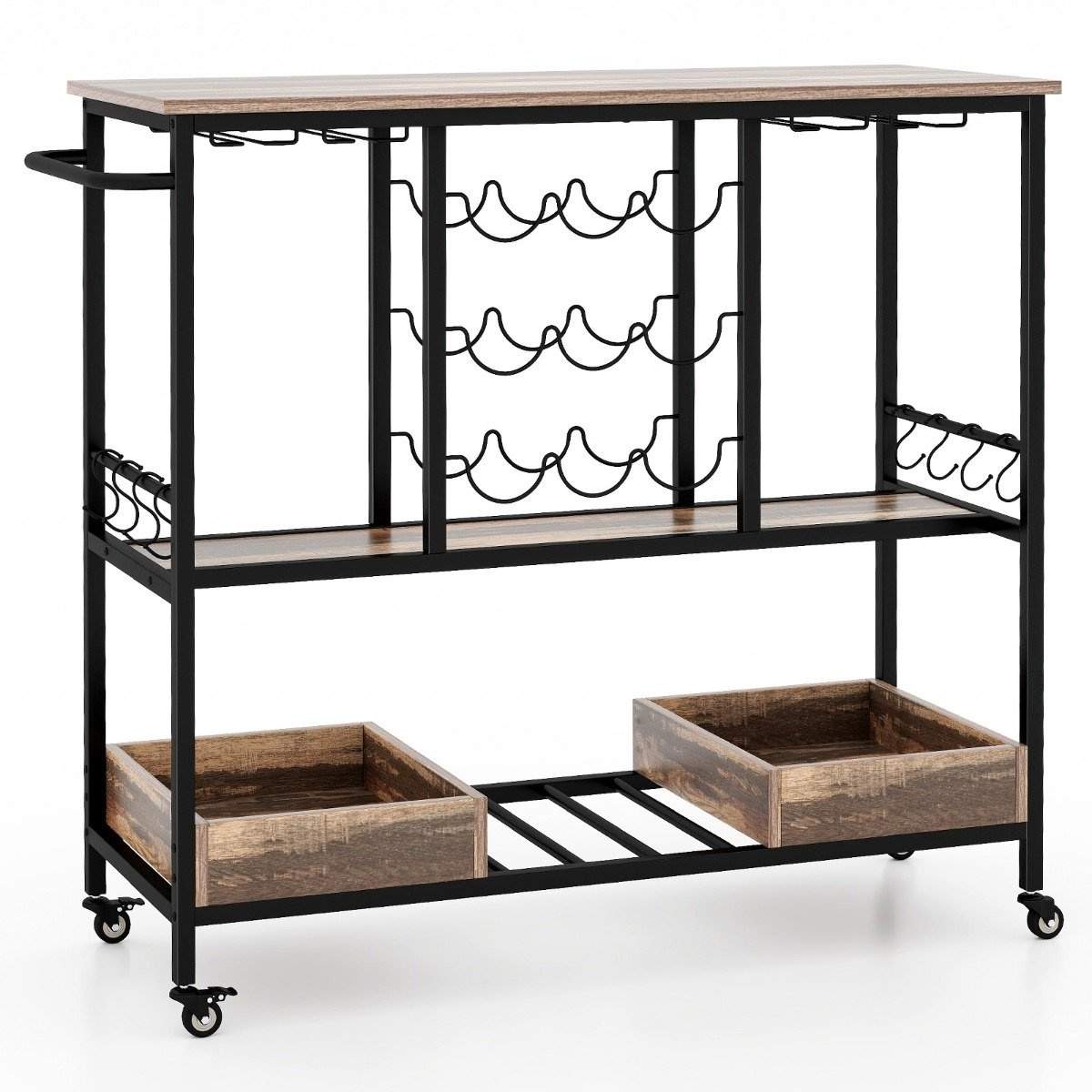 108 x 40 x 91 cm 3-vånings köksvagn med hjul & Glashållare & Vinställ & Krok serveringsvagn grå | Hem & Hobby - Hem & Hushåll - Kök - Servering | Pryloteket