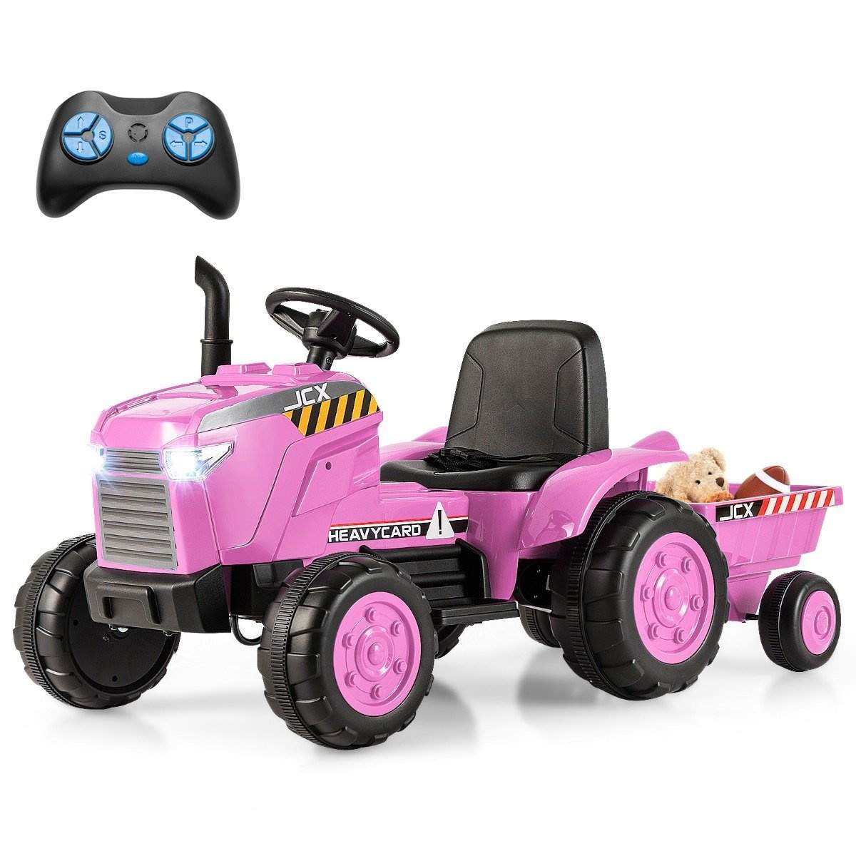 2 i 1 elektriske børnetraktorer med trailer & Fjernbetjening elektrisk legetøjsbil Pink