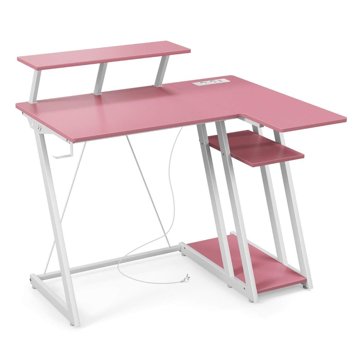 L-formet spillebord med strømudtag & USB-porte med skærmhylde computerbord - pink