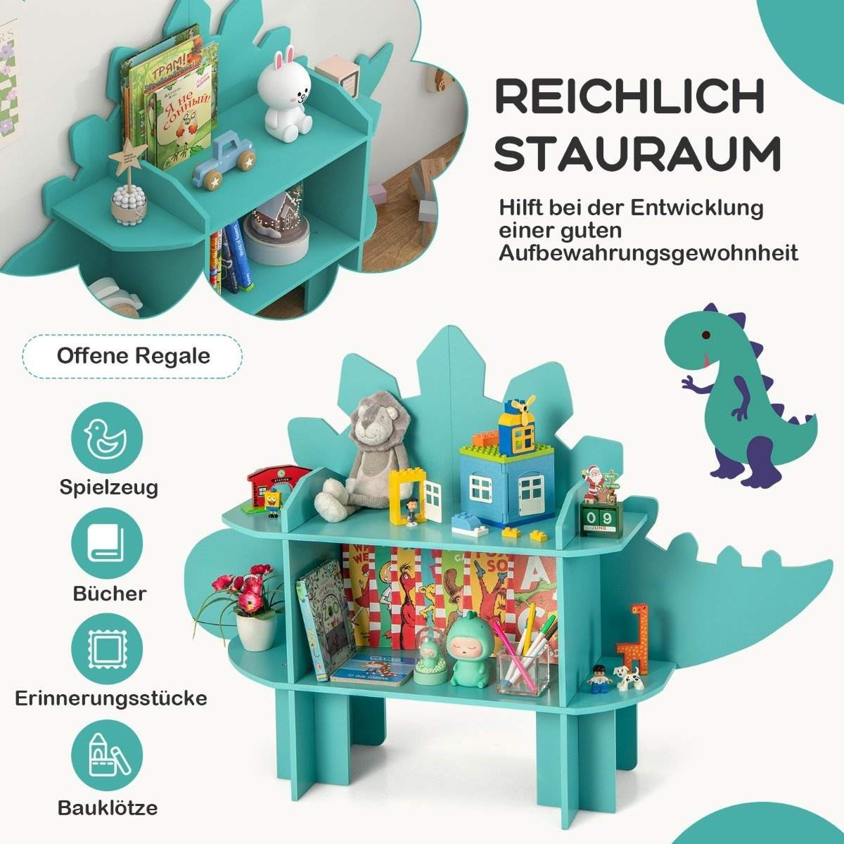 Dinosaur Kirjahylly lapsille Lelujen säilytysjärjestelmä avohyllyillä