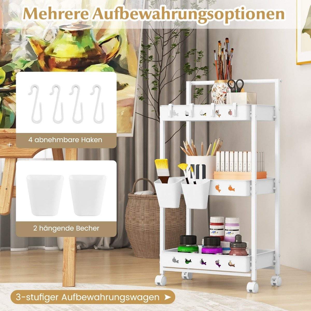 3 niveaus vogn serveringsvogn med hjul køkkenvogn med 2 hængekopper 42 x 29 x 83 cm hvid