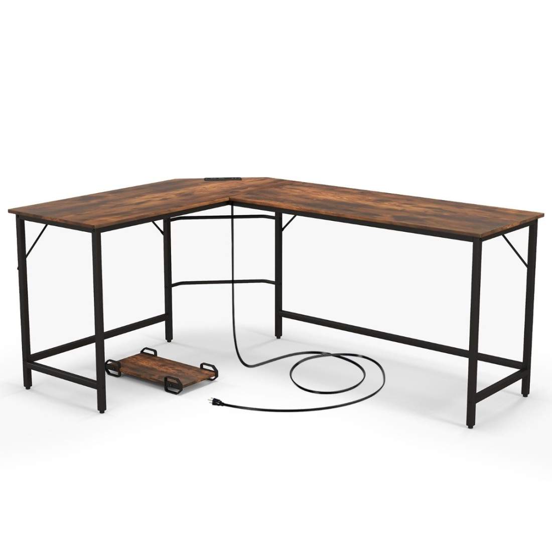 L-format datorbord med eluttag & CPU-stativ & Robust metallram hörnskrivbord brunt | Elektronik - Tillbehör Mobil & Surfplatta - Mobiltillbehör - Mobilkablar - Tillbehör | Pryloteket