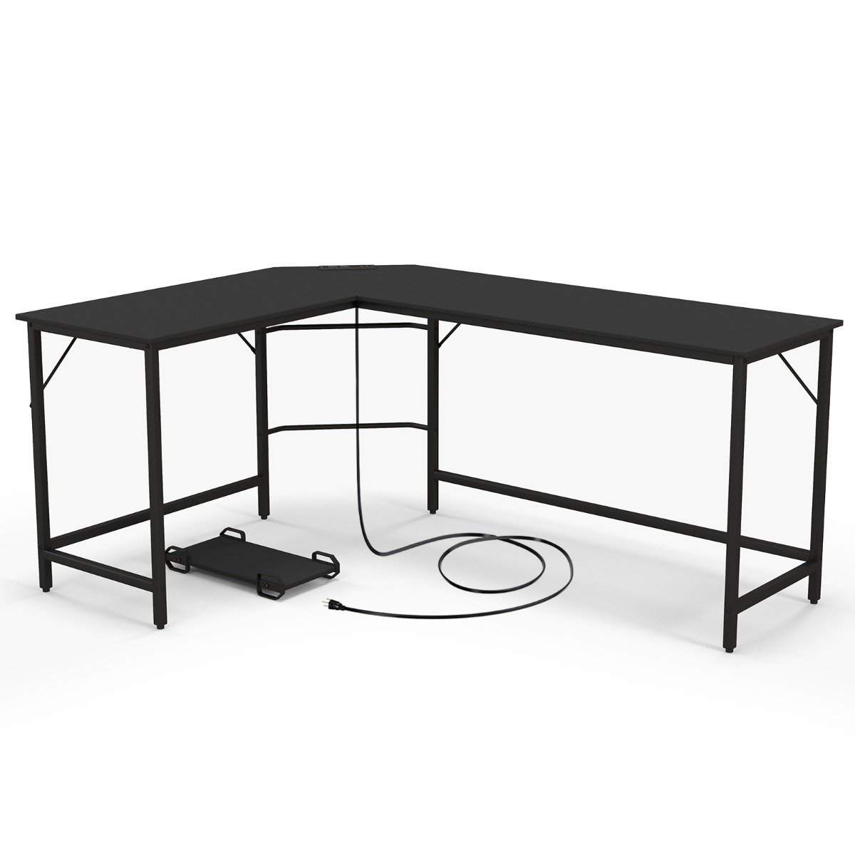 L-formet computerbord med stikkontakt & CPU Stand & Robust metalramme hjørnebord sort