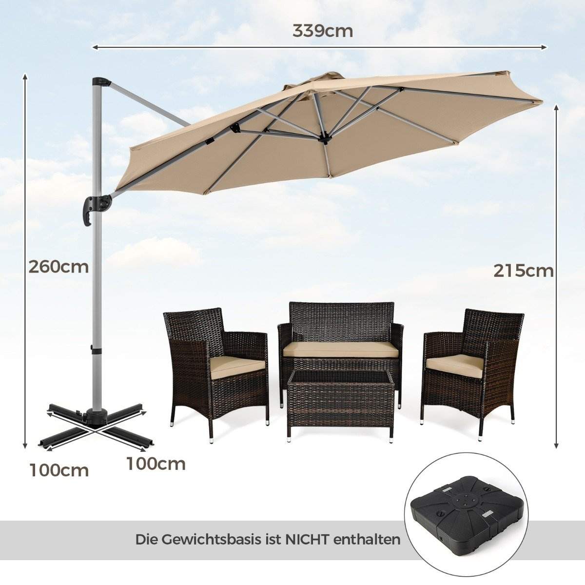 Ø 330 cm parasol med håndsving & UPF 50+ & 360° roterende cantilever paraply haveparaply beige