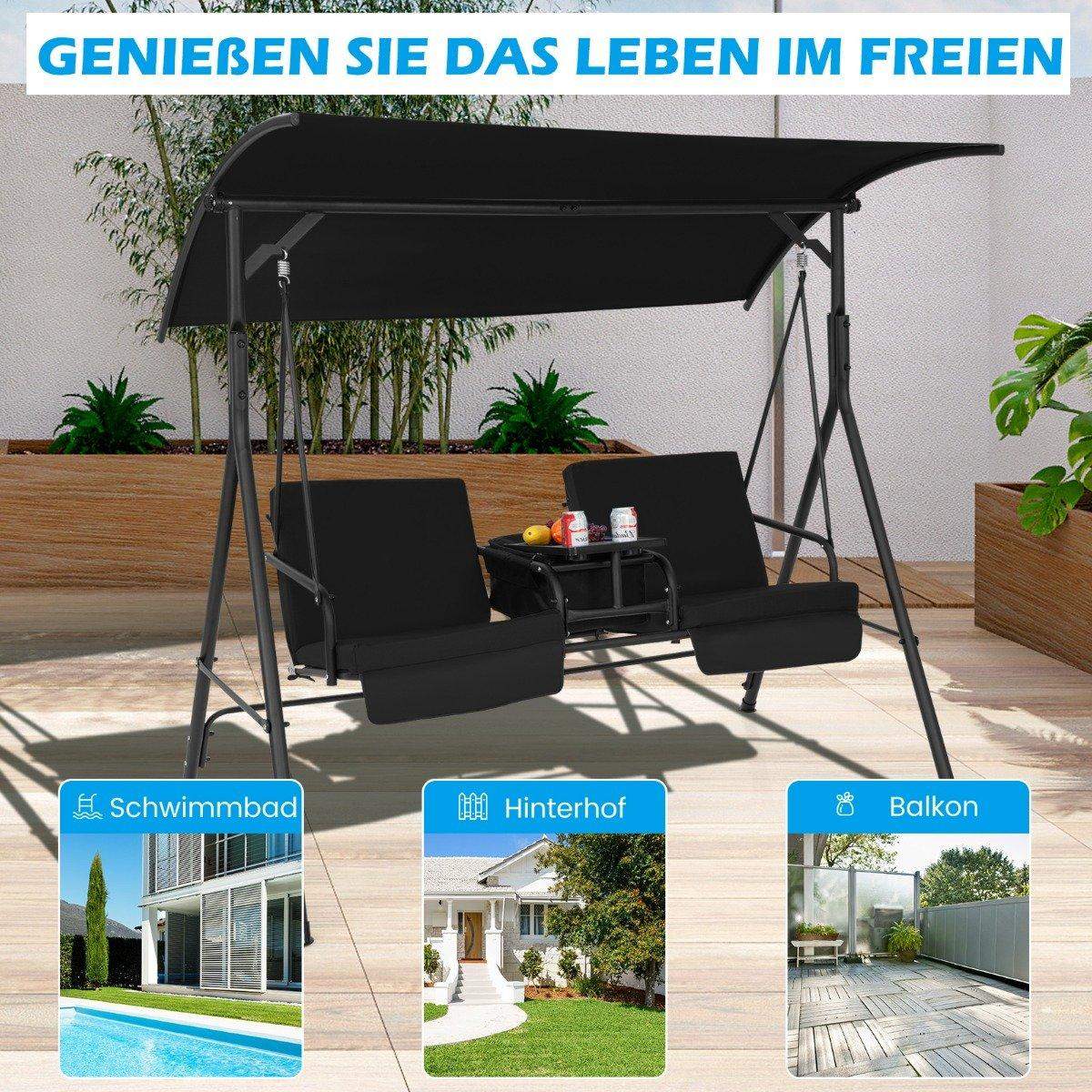 Hollywood gynge med køletaske 2-personers havegynge med justerbart tag sort 180 x 124 x 161,5 cm