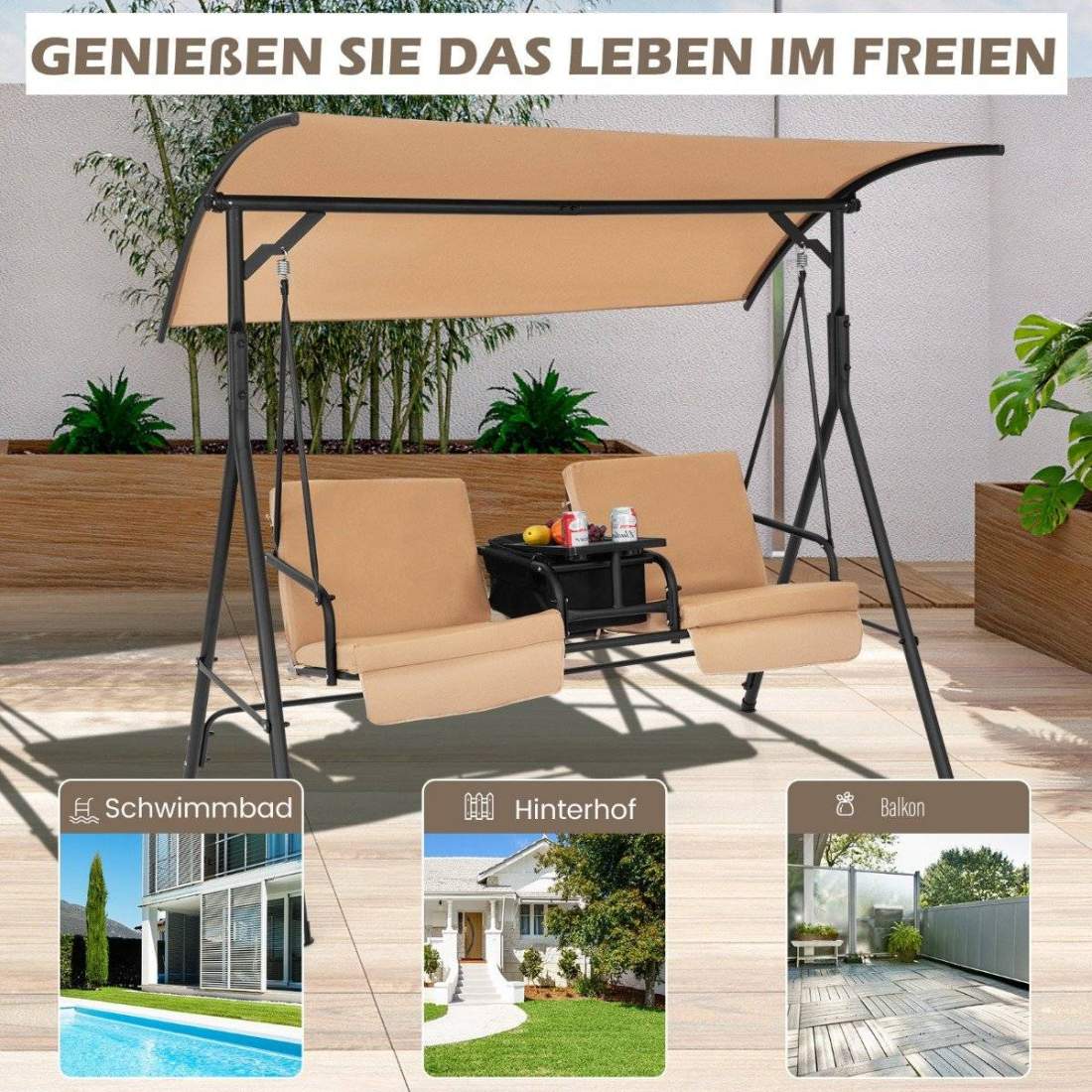 Hollywood gunga med kylväska 2-sits trädgårdsgunga med justerbart tak brun 180 x 124 x 161,5 cm | Hem & Hobby - Hem & Hushåll - Balkong | Pryloteket