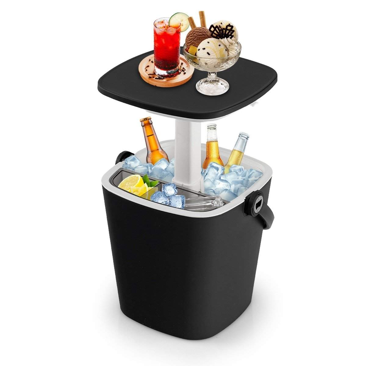 15 L bærbar kølebar med løftebar bordplade & flaskeåbner sidebord køleboks sort