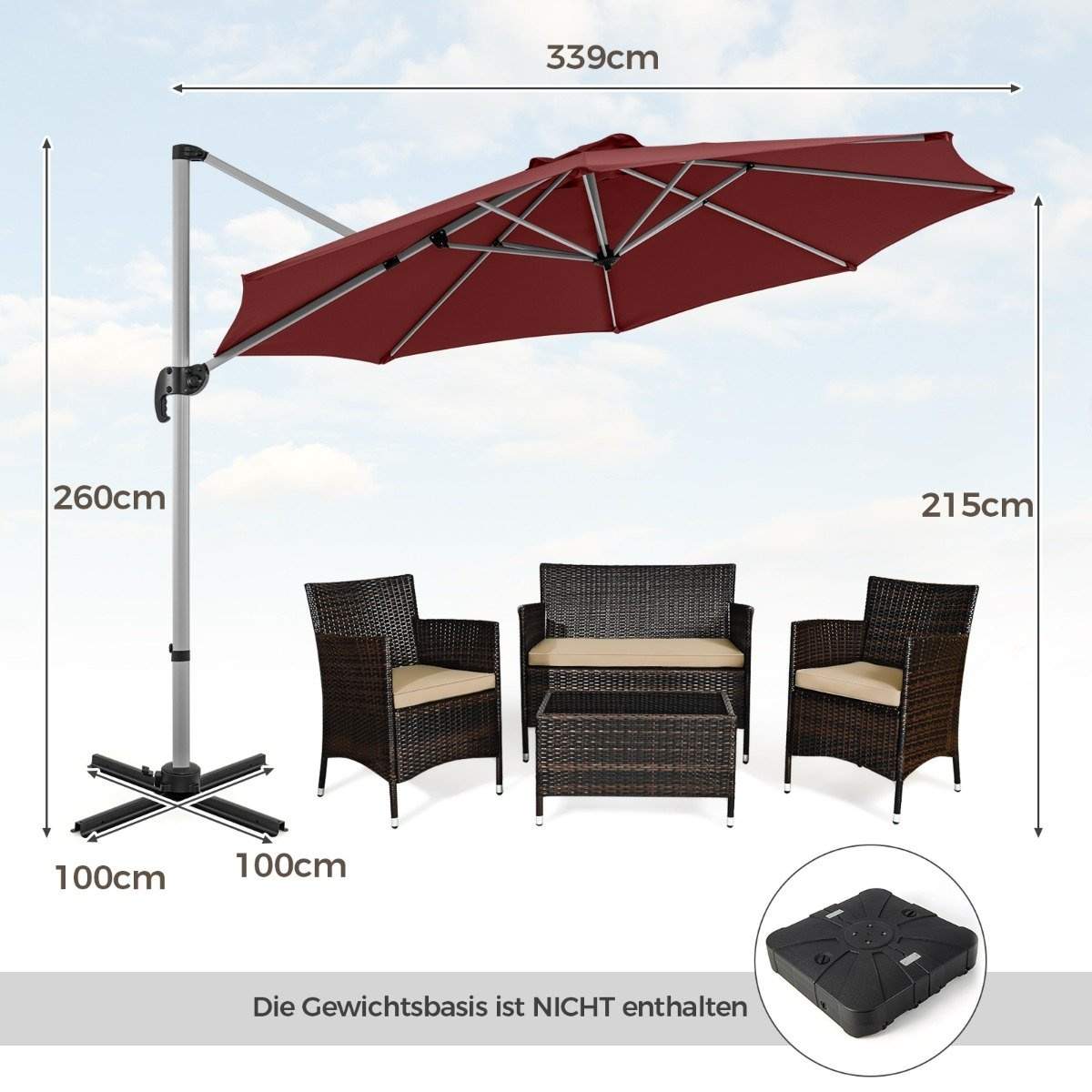 Ø 330 cm parasol med håndsving & UPF 50+ & 360° roterende cantilever paraply haveparaply rød