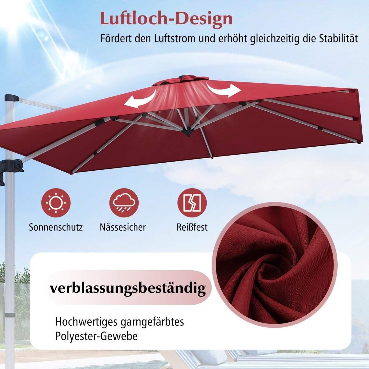 Rektangulær parasol 300 x 300 cm stor cantilever parasol med krank vinrød