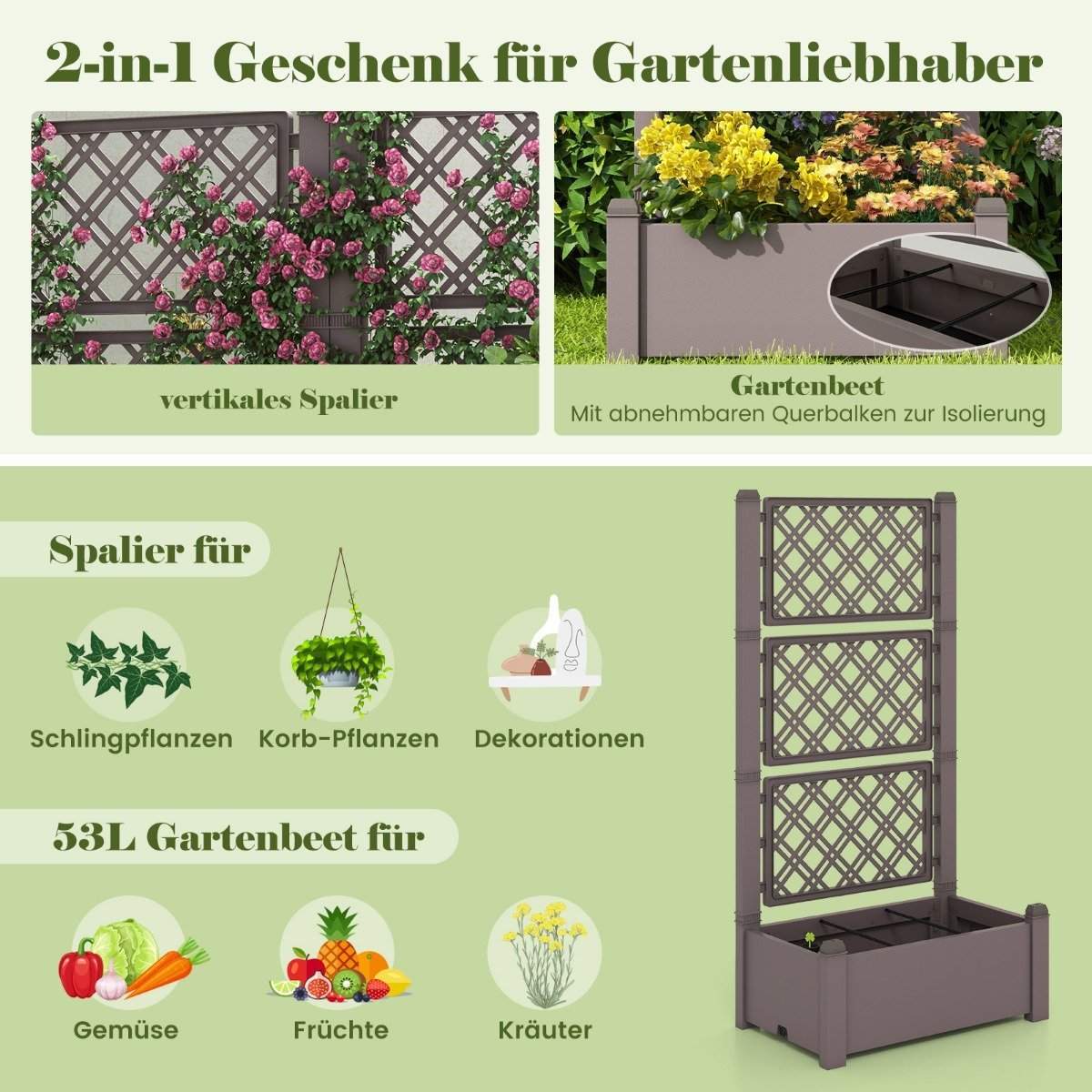 Højseng med espalier, 3 niveauer højdejusterbar, blomsterkasse med espalier 76 x 45 x 150 cm kaffe