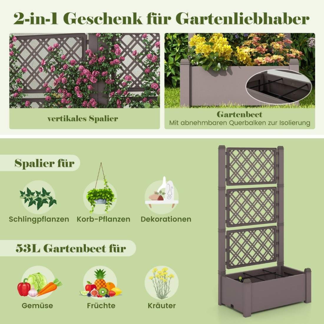 Upphöjd säng med spaljé, 3 nivåer justerbar i höjdled, blomlåda med spaljé 76 x 45 x 150 cm kaffe | Hem & Hobby - Hem & Hushåll - Trädgårdsartiklar - Blomlåda | Pryloteket