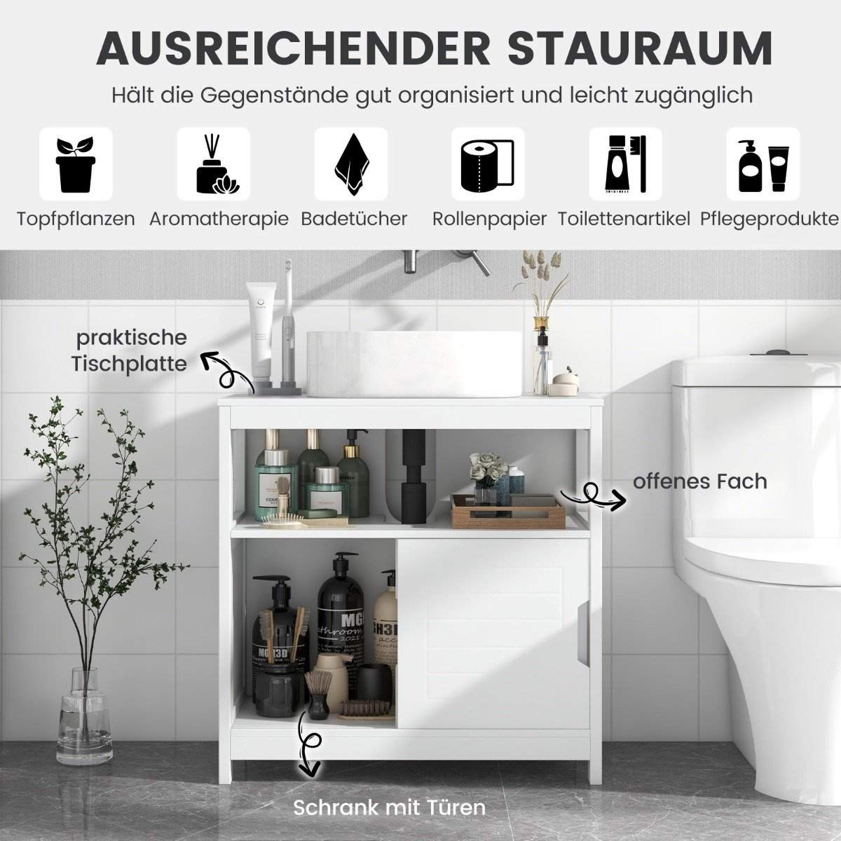 Vask underskab med 2 skydelåger badeværelse underskab fritstående 60 x 30 x 60 cm hvid