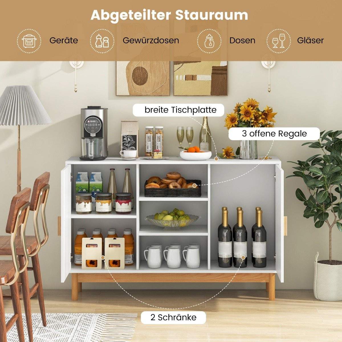 Træ buffet skab køkkenskab med 2 bambus låger & 3 åbne hylder 120 x 35 x 78 cm natur + hvid