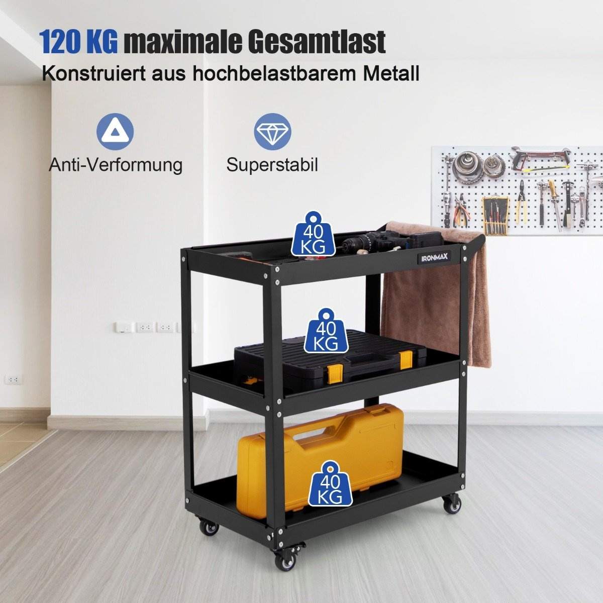 Værkstedsvogn 3 etagers værkstedsvogn med 4 universalhjul & håndtag 73 x 36 x 75 cm sort